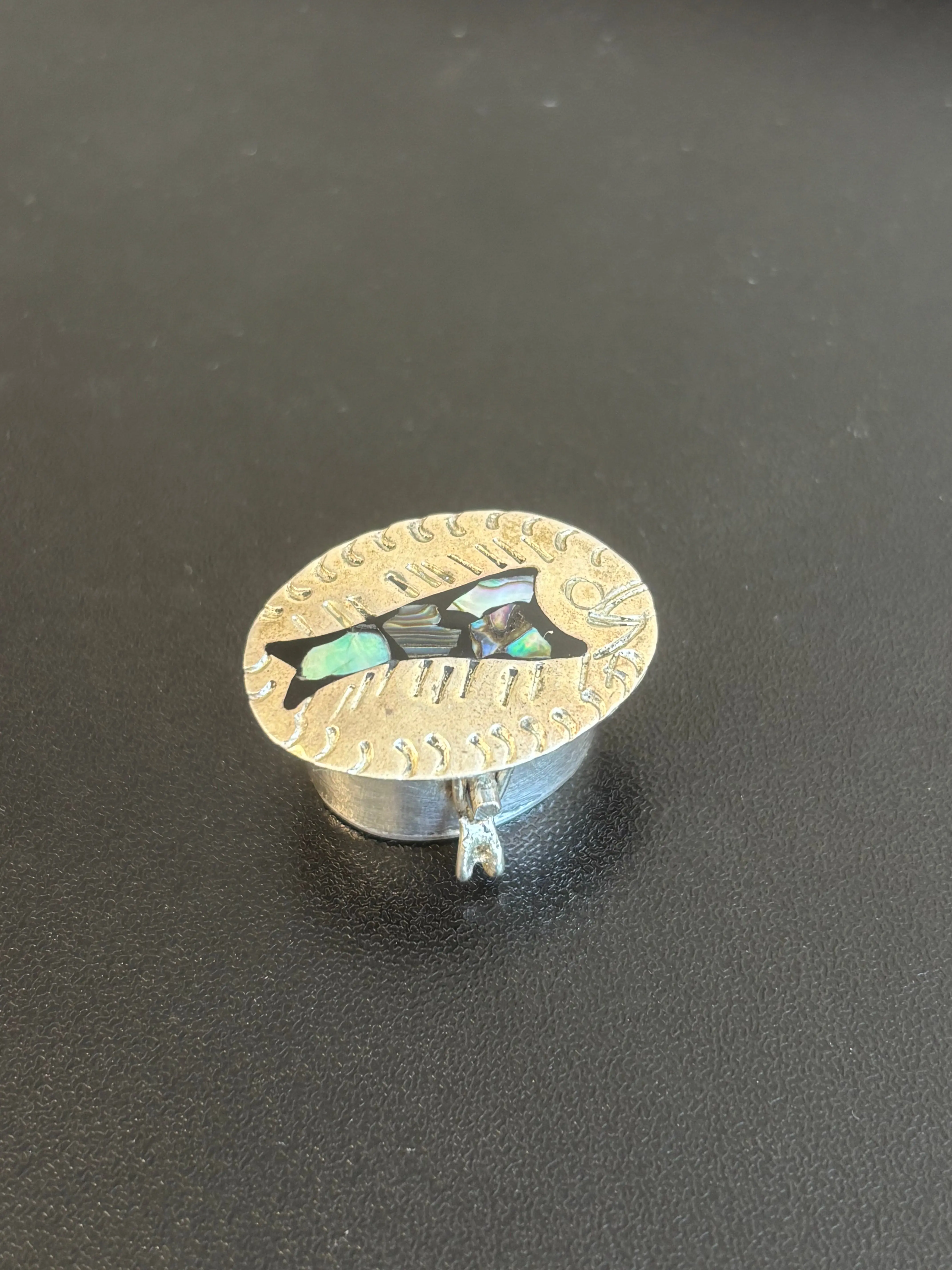 Sterling Silver Small Pill Box with Abalone Fish Accent
