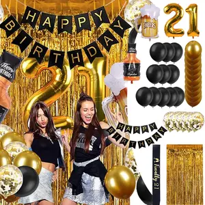 1 Set 21st Birthday Decorations, Black Gold Flag Birthday Party Wine Bottle Aluminum Film Decoration Set Tassel Classic Black Gold Package