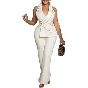 WorkwearWomen'sSolidColorSuitCollarChainCasualWideLegJumpsuitWearPartyPantsSetElegantBlackWomenswearWideleg