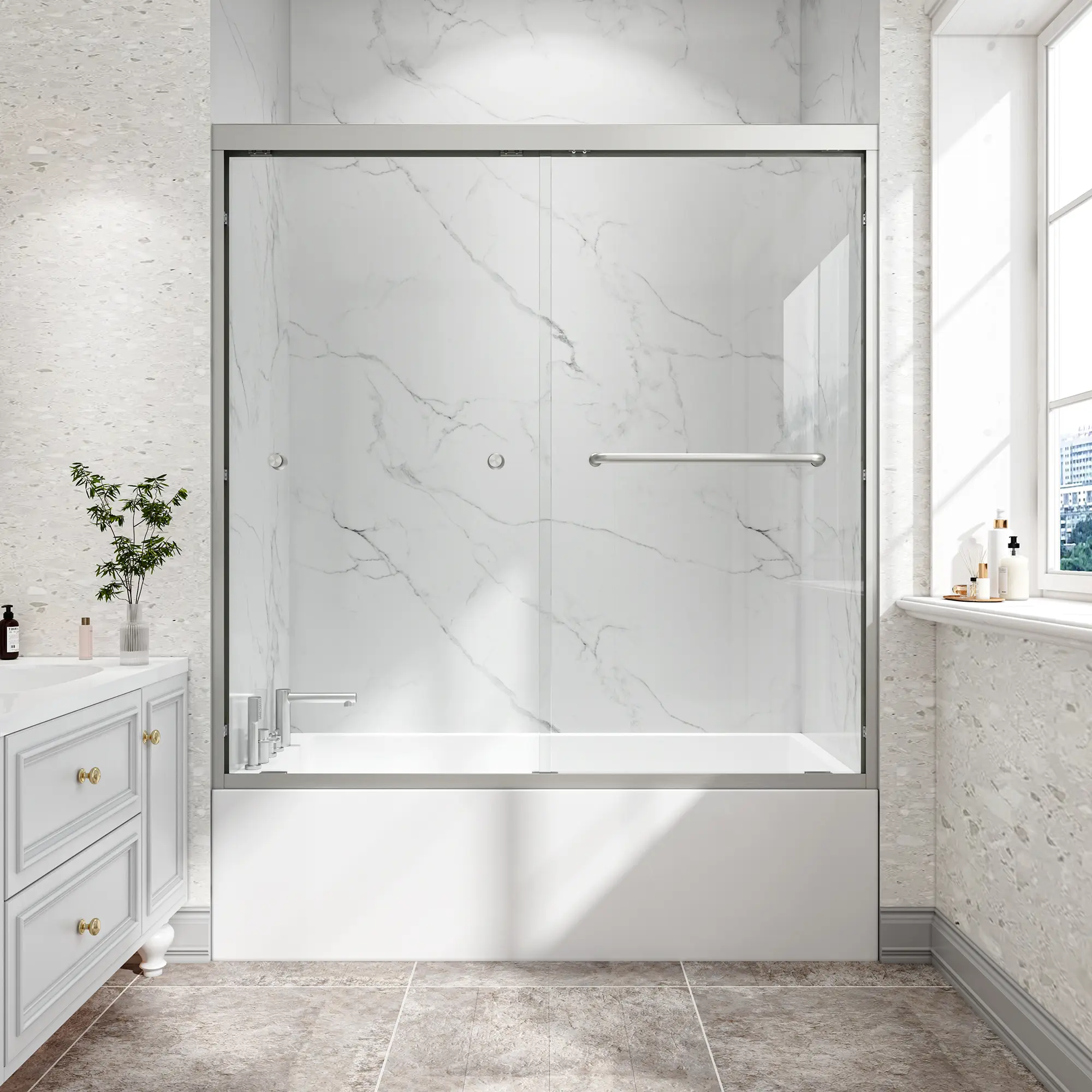 55"-60" W x 60" H Brushed Nickel Double Bypass Sliding Bathtub Shower Door - Sturdy Aluminium Alloy Frame, 1/4" (6mm) Tempered Glass with Nano Explosion-Proof Safety Film, Reversible Install, Smooth Glides