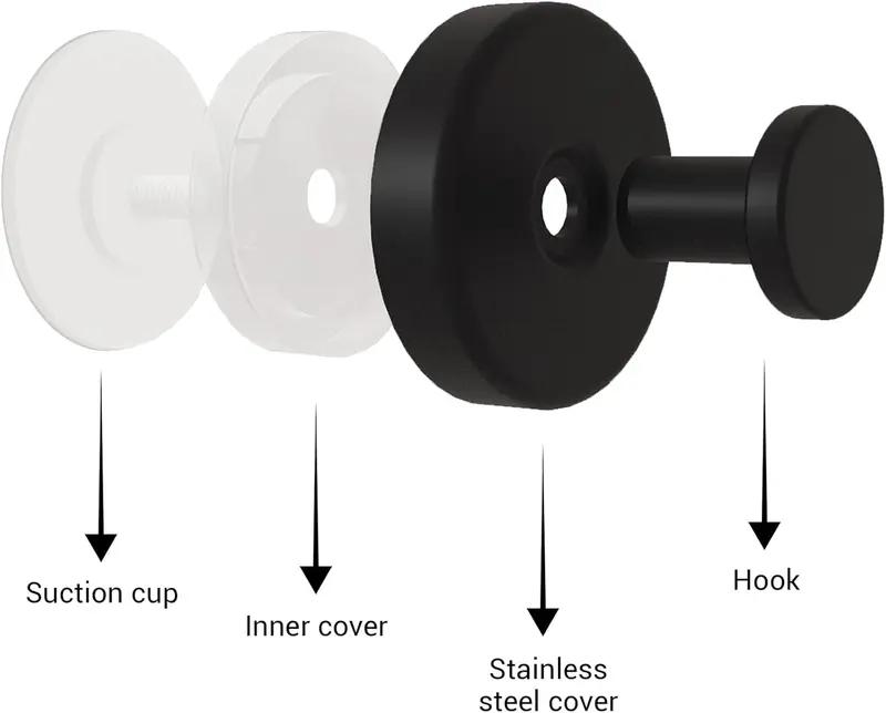 Suction Cup Hooks for Shower No-Drill Bathroom Hooks for Towels Robes Loofah Mountable on Smooth Surfaces 304 Stainless Steel 15 lbs Capacity Matte Black Design