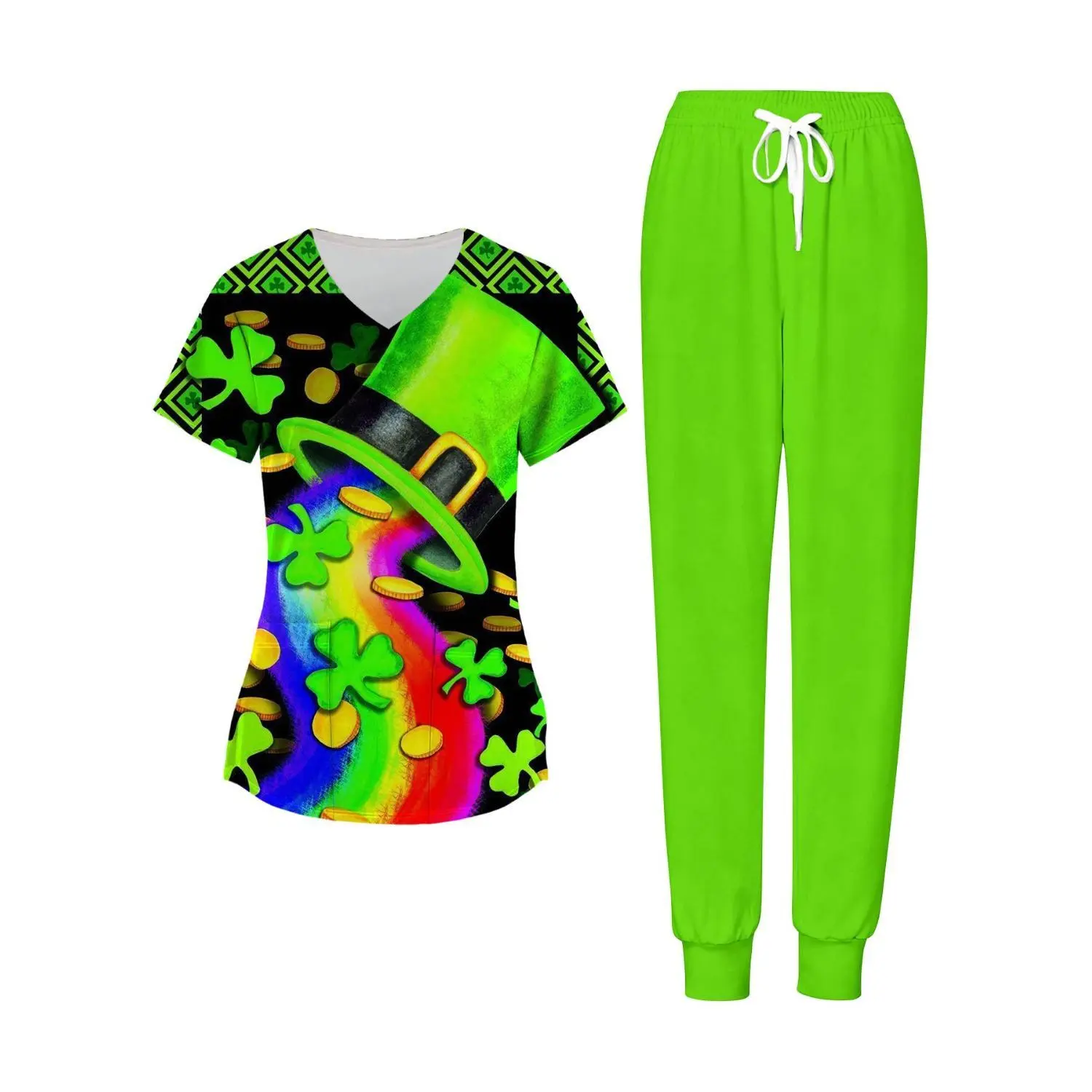 Plus-Size Women's V-Neck Two-Piece St. Patrick's Day Outfit with Rainbow Shamrock Hat Design