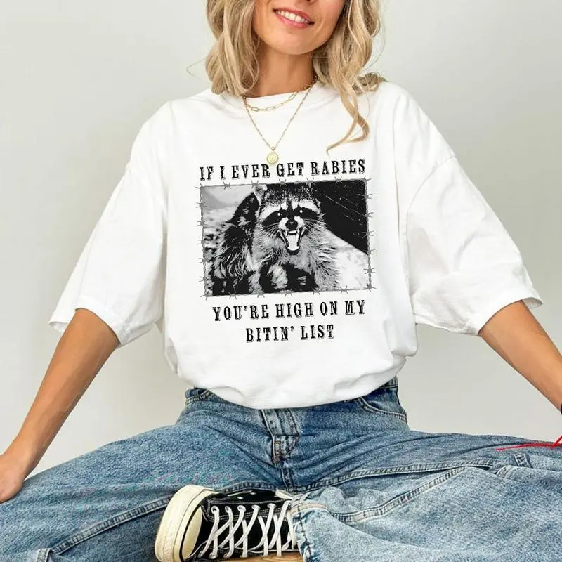 Women's "If I Ever Get Rabies" Funny Printed Geometric T-Shirt - 100% Cotton, Soft, Comfortable Casual Round Neck Seamless Top, Low Iron, Streetwear, 1-Piece Apparel for Thanksgiving, All Seasons