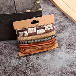 4 articles of European and American ethnic style multi-layer leather wax cords braided bracelets. Handmade in a traditional way with wooden beads, the size of these hand ropes is adaptable.