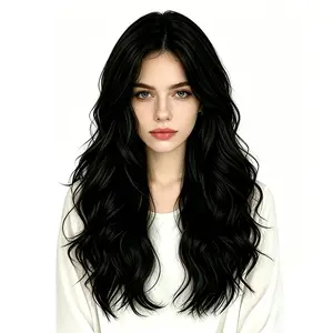 Lotfon Women's non adhesive synthetic wig, stylish black big wave style, simulated scalp on top for a natural and realistic look, adjustable head circumference, comfortable fit, lightweight and breathable, suitable for daily wear