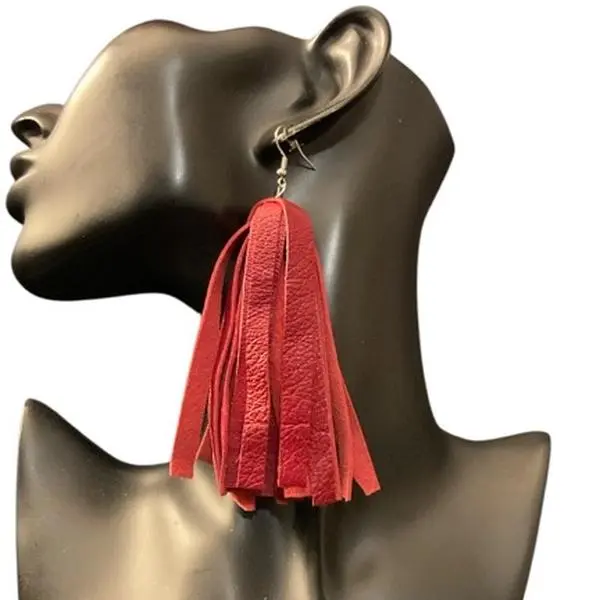 Genuine Leather Fringe Earrings (Red)