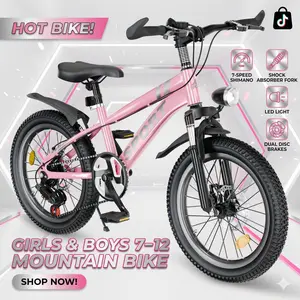 20 Inch Kids Mountain Bike 7 Speed Bicycle for Boys Girls Ages 7 to 12 Dual Disc Brakes Front Suspension LED Light Silver Pink Outdoor Trail Riding Youth Cycling Setup tall women
