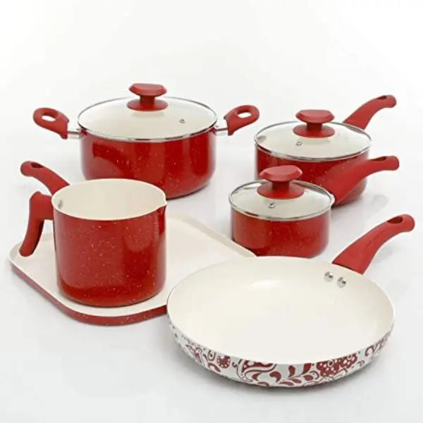 San Jacinto Aluminum Cookware Set - 9-Piece, Red Speckled, Stove-Safe, Heat-Resistant Handles, Glass Lids