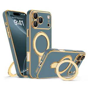 Magnetic Phone Case MagSafe Compatible Full Camera Protection Shockproof Slim Pastel Pink Matte Cover with Gold Ring Holder