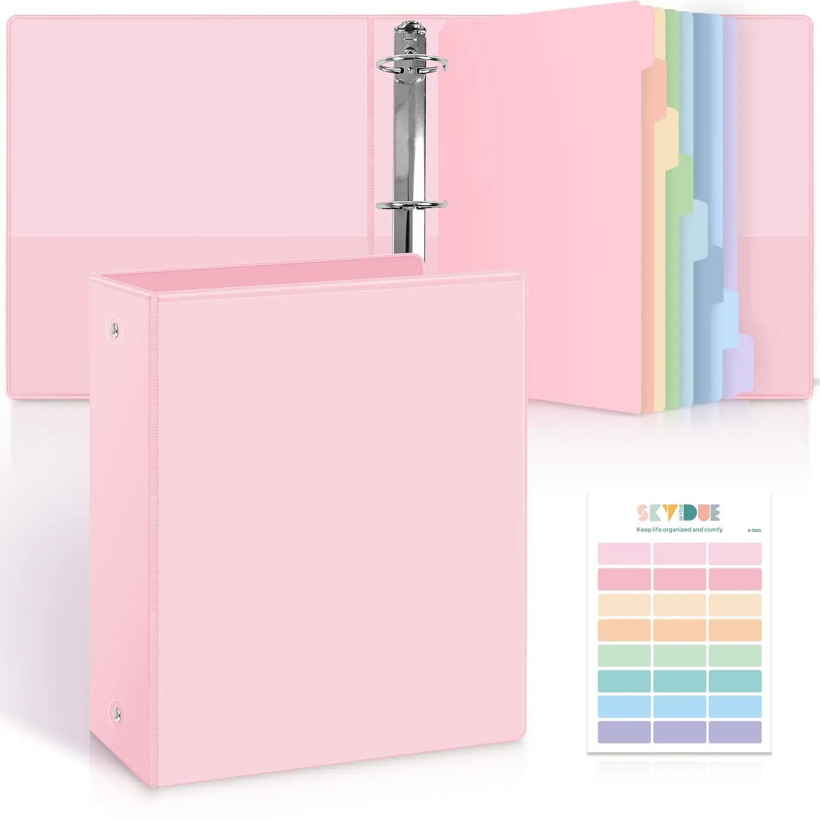 SKYDUE 3 Ring Binder Set with 8 Tab Dividers & 24 Labels, 1 Inch or 2 Inch Pastel Binder for Letter Size Paper, School, Office & Home Organization