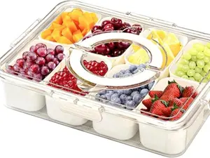 Divided Serving Tray with Lid and Handle 8 Compartment Portable Serving Tray Snack Box Charcuterie Container Food Storage Organizer Clear Snackle Box Platters for Party Picnic Snack Fruit Candy Travel Kitchen Snack Container