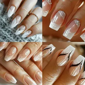 4 Packs 96PCS French Style Press-On Nails – Almond Square Acrylic Nails with Sparkling Tips, Easy Stick-On Nail Set for Women