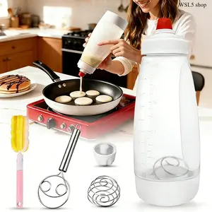 Pancake Batter Dispenser with Mixing Ball, Easy Pour Batter Mixer Bottle Set for Cupcakes Muffins Waffles & Baking, Kitchen Gadget with Whisk & Cleaning Brush