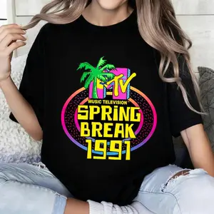 100 Percent Cotton Vintage Retro Style T Shirt Mtv Spring Break 1991 Neon Palm Tree Design Summer Beach Party Wear Perfect Gift For Music Lovers And Nostalgia Fans