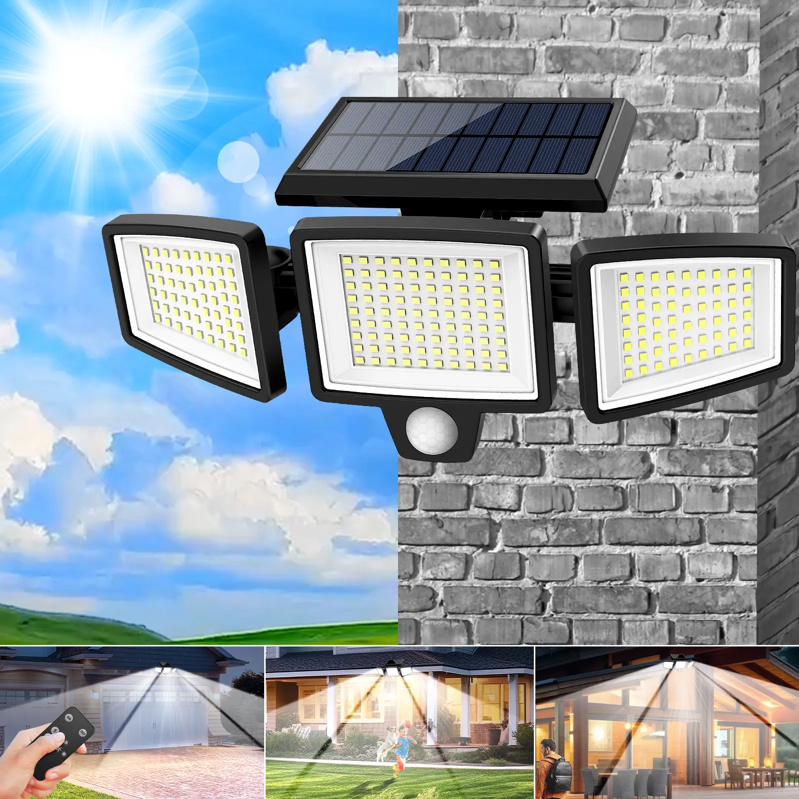 Tuffenough Solar Outdoor Lights 2500LM 210LED Security Lights,3 Heads Dimmable SpotLights with 3 Modes,IP65 Waterproof,Suitable for Yard, Garage, Porch,Patio, Garden,Farm,Chicken Coop, Barn,Horse Stable,Pool,#Deals for You Days