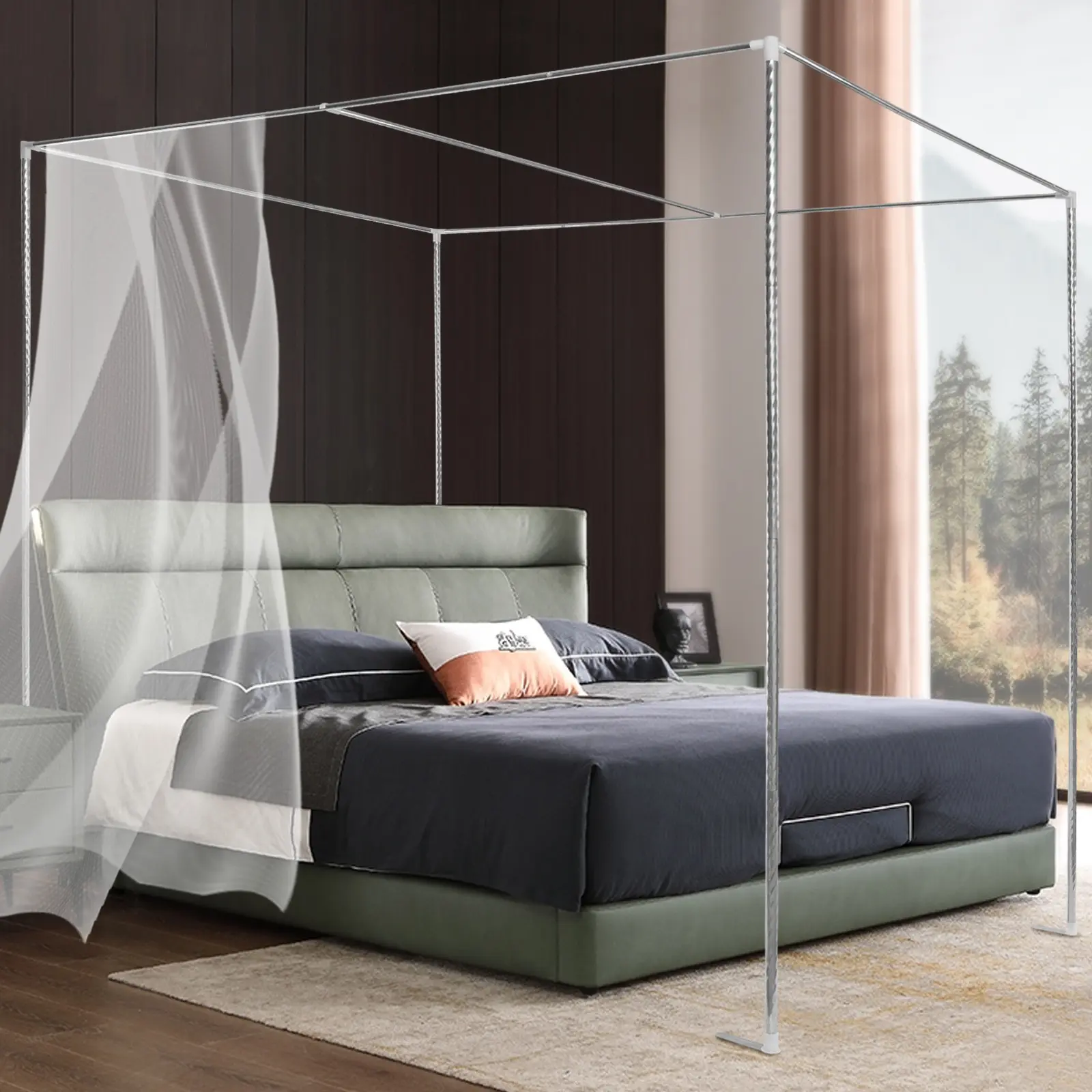 Bed Net Stand for 1.5m 1.8m Beds, Stainless Steel Canopy Frame with Crossbar, Silver Rectangular Mount for Home Dorm Hospital