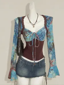 Women's Vintage Print Long Sleeve Top Blouse, Colorblock Lace Patchwork Spring Autumn Shirt, Music Festival Women's Clothing, Y2K Fashion Long Sleeve T-Shirt