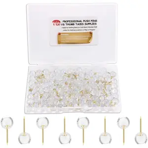 Push Pins 1/3 Inch  Map Tacks 100-Count Large Size Pins Golden Steel Point and Transparent Plastic Round  ()