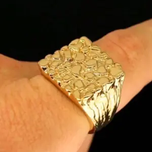 Nugget ring - 14k gold plated wedding ring with simple embossed face for men