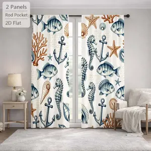 2 Pcs Nautical Themed Ocean Seahorse Fish Shell Anchor Pattern Sun Blocking Curtains Digital Printed Rod Pocket for Bedroom Office Kitchen Living Room Study Home Decor