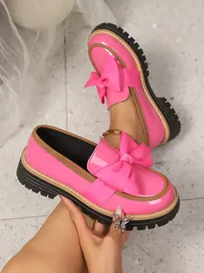 Women's Fashion Low Heel Flat Shoes, Bow Decor, Thick Sole Mary Jane Leather Shoes, Comfortable Lightweight Mid-Heel Walking Shoes