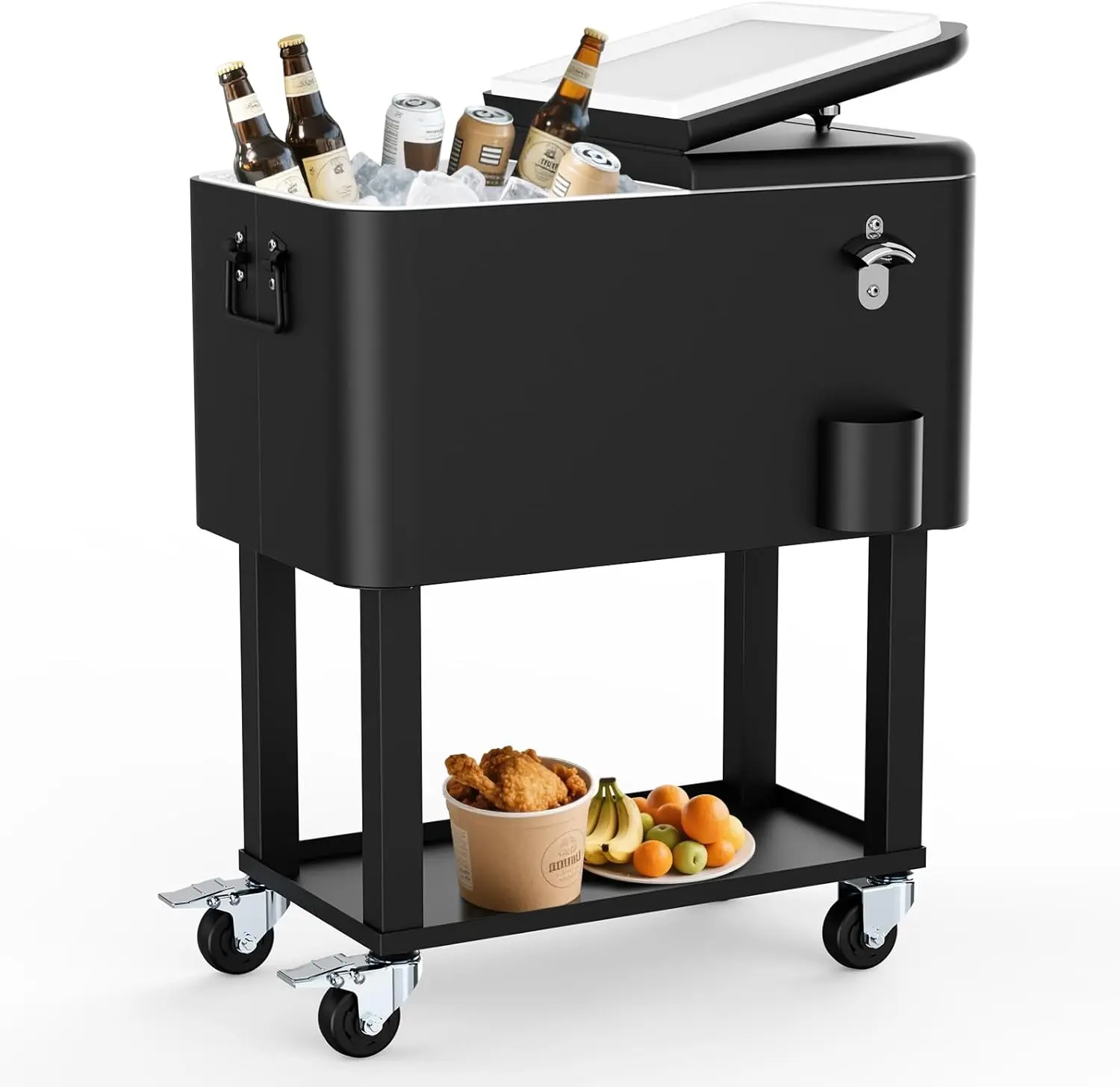 SHAREWIN 60 Qt Wheeled Cooler Cart - Portable Patio Home Organizer Cold Storage Ice Box with Bottle Cap Opener, Cap Collector, Drain for BBQ, Beach Activities
