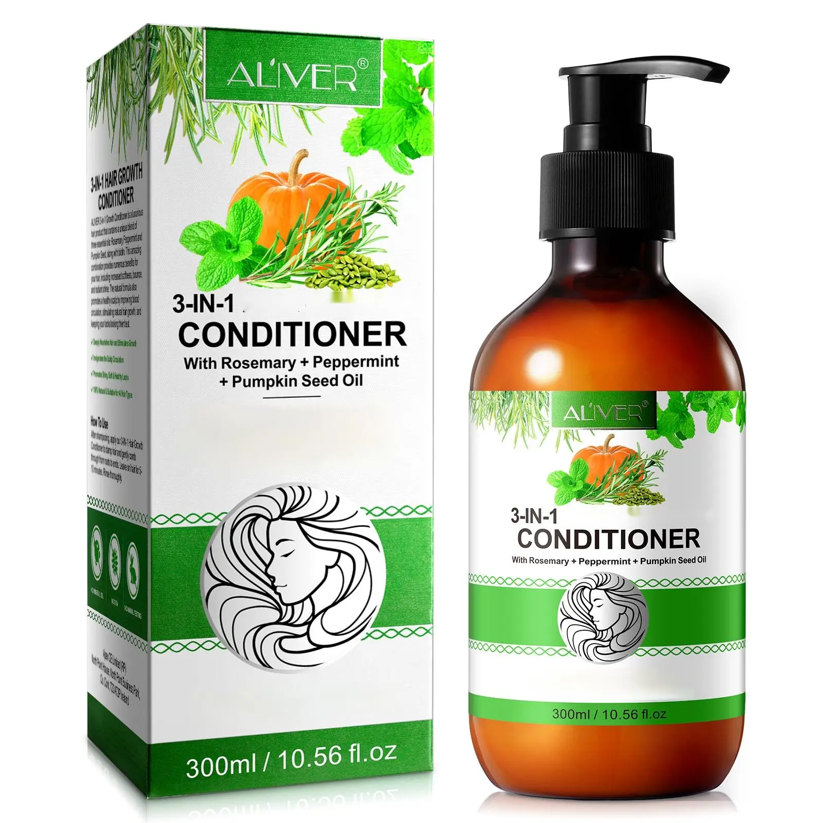 ALIVER 3-in-1 Haircare Conditioner with Rosemary, Peppermint, Pumpkin Seed Oil for Damaged Hair (300ml/10.56 fl.oz) Rosemary Mint Formula, Any