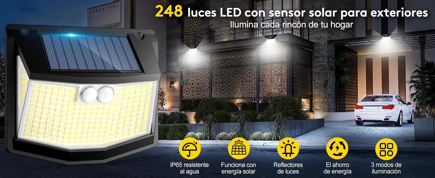 Solar LED Outdoor Lights, 248 LEDs Motion Sensor Lamp, 3 Modes, IP65 Waterproof Solar Security Light for Garden/Garage | Solar Exterior LED Light