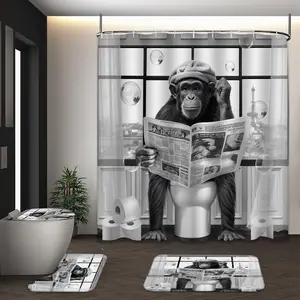 LVRLVR 4pcs Chimpanzee Reading Newspaper Paris Eiffel Tower Humorous Black White Bathroom Set with Shower Curtain, Bath Rugs and Hooks - 70.8"×70.8" (180×180cm)