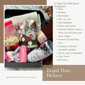 Kharismatic Creations Blind Date with a Book Deluxe - Cozy Reading Experience with Surprise Book Stickers Bookmarks Skin Care Goodies Snacks & Candy Themed Tumbler Canvas Tote Zip Bag