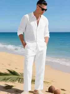 Men's Summer Linen Shirt & Pants Set, Casual Long Sleeve Beachwear, Comfortable Fashion Clothing for Vacation Men's Summer Linen Shirt & Pants Set, Casual Long Sleeve Beachwear, Comfortable Fashion Clothing for Vacation