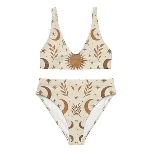 Women Boho Celestial Sun Moon Star Floral Bikini Set Loose Comfortable High Waist Swimwear Beach Vacation Pool Party Summer Festival Aesthetic Swimsuit