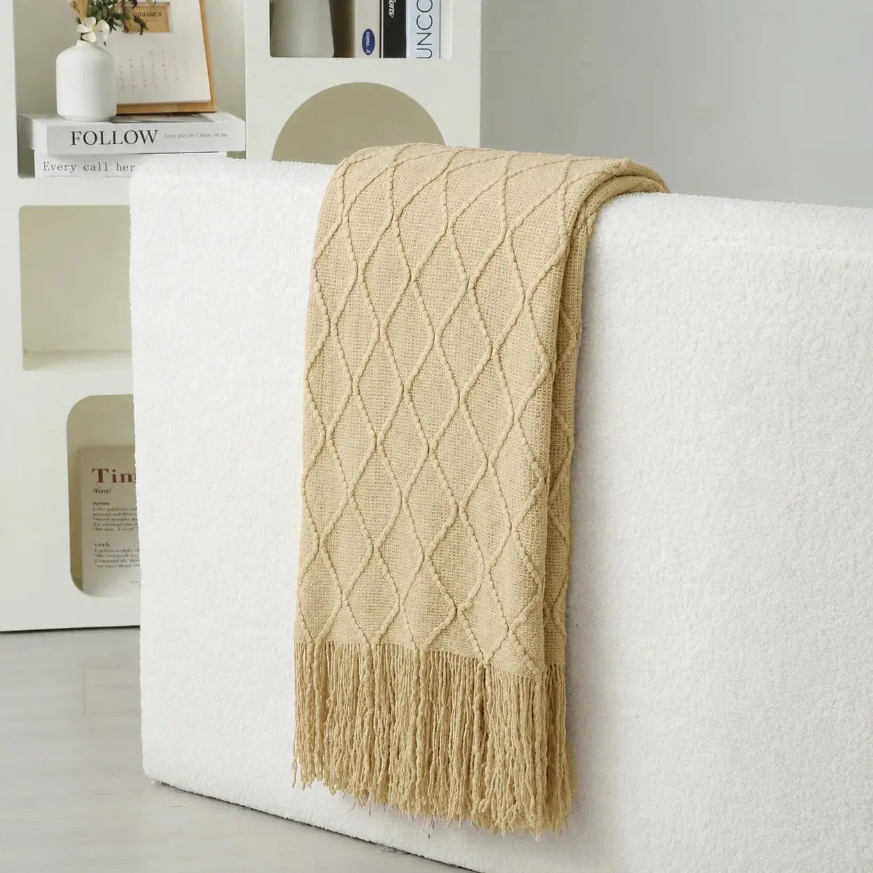 Cozy Woven Soft Acrylic Throw Blanket - Tassel Trim Accent Throw for Sofa, Bed, Boho Farmhouse Decor