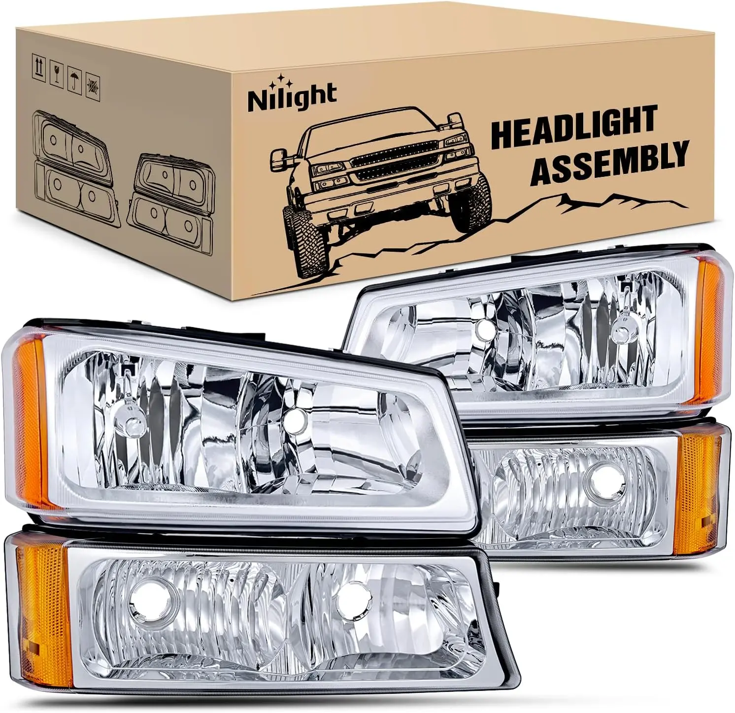Nilight Plug-N-Play Vented Car Headlights & Bumper Lamp Set - Anti-Fogging, DOT/SAE Certified, IP65 Waterproof Replacement Housing for 2003-2006 Chevy Silverado, Avalanche Trucks (1500,1500HD,2500,2500HD,3500), Oe Standard