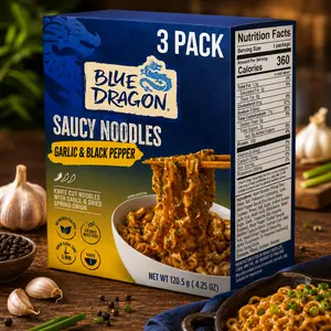 Blue Dragon Garlic & Black Pepper Saucy Noodles, 4.25oz (Pack of 3) - Knife-Cut Air-Dried Noodles, Sauce, Spring Onion Garnish, Quick Easy Bold Asian Pantry Meal