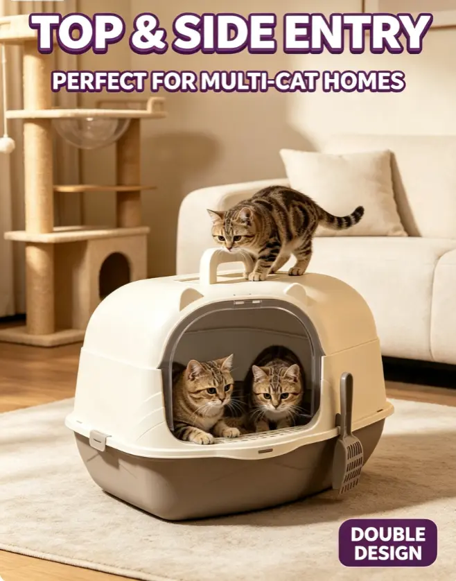 Portable Enclosed Cat Litter Box with Top Handle, Fully Hooded Odor-Locking Design for Indoor Use & Pet Travel, Prevents Litter Kick-Out, Clean Daily Solution