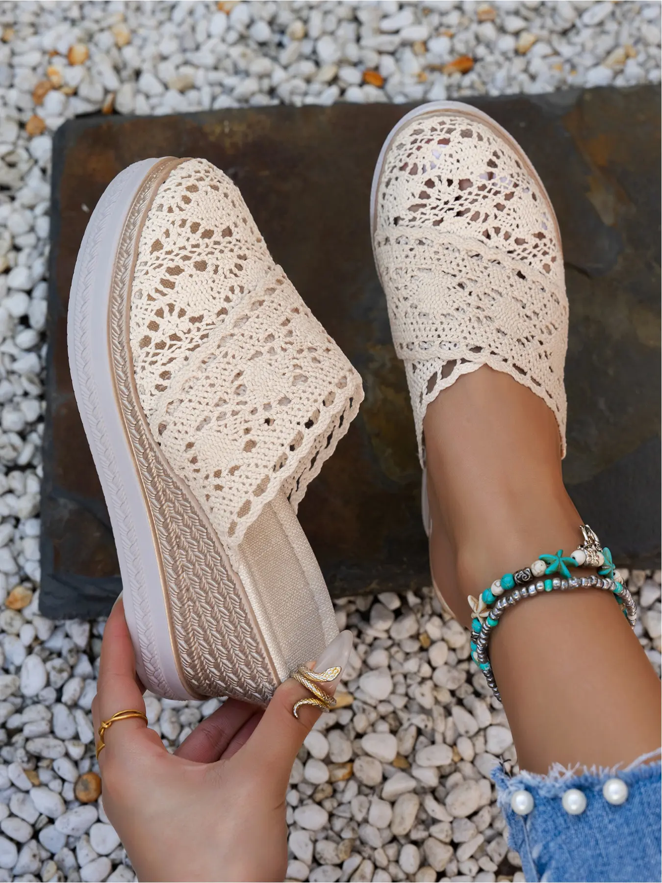 Women's Boho Crochet Lace Platform Thick Soled Mules Closed Toe Wedge Slip On Sandals Shoe Wide Fit Classic