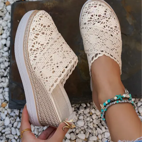 Women's Boho Crochet Lace Platform Thick Soled Casual Mules Closed Toe Wedge Slip On Sandals Shoe Wide Fit Classic