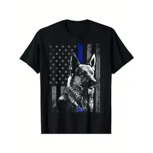New Limited Thin Blue Line Flag Shepherd Police Dog Gift T-Shirt Made in USA