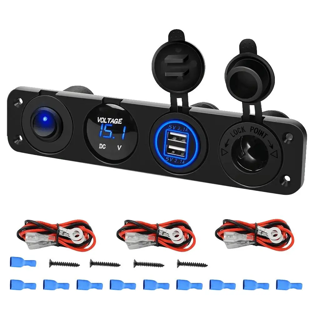Nilight 4-in-1 Digital Car Charger - Universal Charging Solution for Cars, Boats, Outdoors, ON/OFF Blue Socket Panel, 2 USB Ports, Voltmeter, Cigarette Lighter Adapter with Overload Protection, Automotive Accessory (Charger Included)