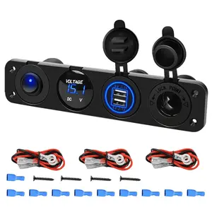 Nilight 4 in 1 ON/OFF Blue Charger Socket Panel w/ Dual USB Voltmeter Cigarette