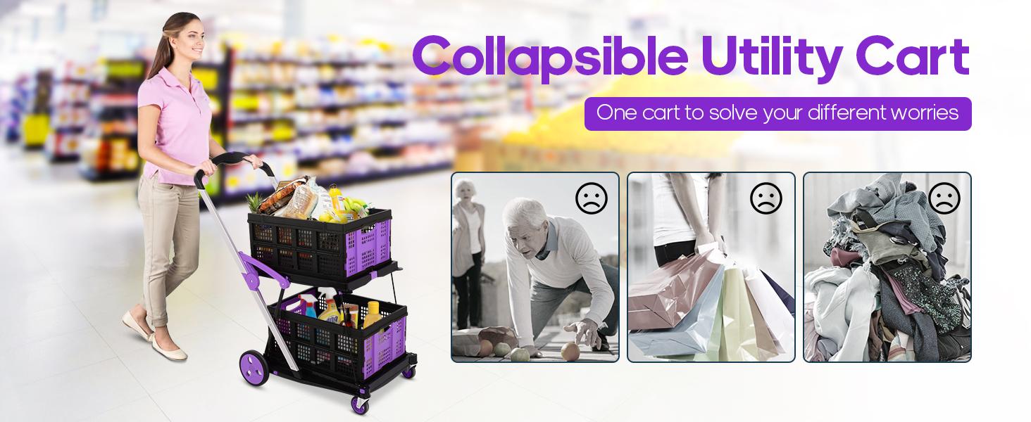 SCITOO Multi-Use Functional Collapsible Trolley with Transport Wheels, Removable Storage Crate - 2 Crates Included, Adjustable Lightweight Purple Cart for Home, Grocery - Convenience & Stockup Solution