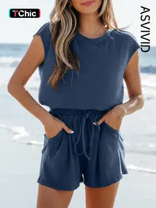 Women's Casual Style Solid Color Knit Open Back Cap Sleeve Drawstring Elastic Waistband Jumpsuit, Summer Short Pants Romper, Perfect for Daily Wear