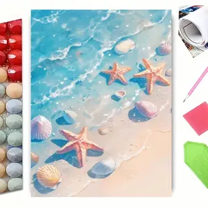 5D Full Drill Diamond Painting Kit, Starfish and Seashells on Tropical Beach Art for Home Wall Decor, DIY Craft with Sparkling Rhinestones, Canvas & Tools, Perfect for Coastal & Nautical Themed Decoration