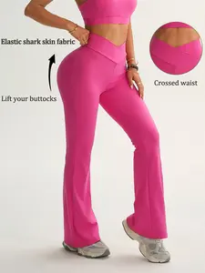 K1146 Women's Elastic Shark Skin Cross-Waist Flare Pants, Versatile for Daily Commute, Outdoor Activities, Running, Yoga, and Workout, Flared Yoga Bottoms