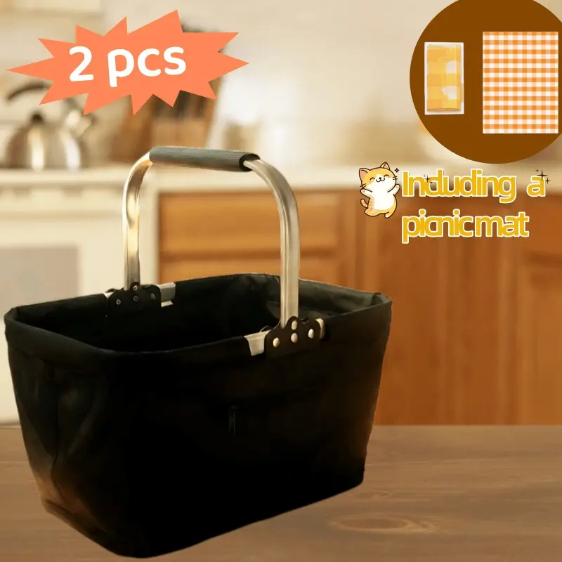 2pcs Foldable Aluminum Frame Baskets with Large Zippered Side Pockets, Foldable Oxford Cloth Shopping Basket, Insulated Basket, Portable Picnic Basket, Handheld Basket, Fast Food Basket, Supermarket Shopping Basket (2pcs Including 1 Foldable Basket +