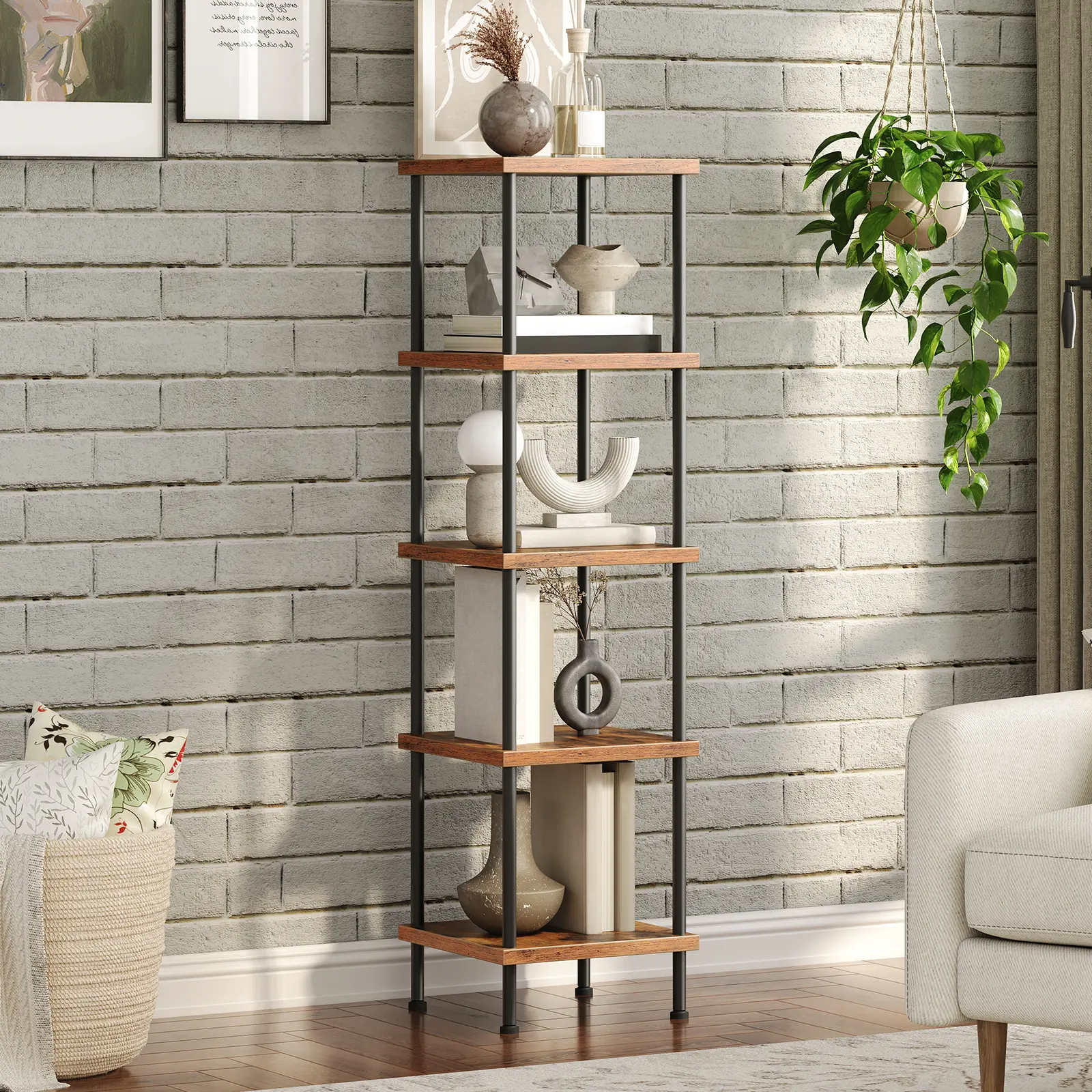 HOOBRO 5-Tier Corner Shelf Stand, Corner Square Rack Display Shelf, Tall Storage Plant Stand, Bookcase for Small Spaces, Living Room, Home Office, Kitchen, Rustic Brown and Black #SummerVibes