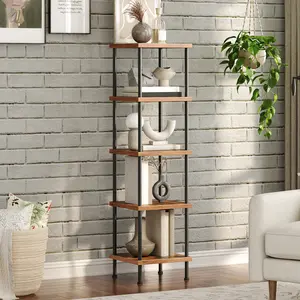 HOOBRO 5-Tier Corner Shelf Stand, Corner Square Rack Display Shelf, Tall Storage Plant Stand, Bookcase for Small Spaces, Living Room, Home Office, Kitchen, Rustic Brown and Black#SpringSale #BigSpringSale
