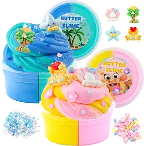 Summer Spring Gift Butter Slime Kit Includes 2X120ml Two-Toned Butter Slime with 6 Packs Add-Ins, Slime for Kids Party Favors, Non Stick Kids Slime Kit for Girls Boys Birthday Easter Christmas Ages 8-12(Ocean)