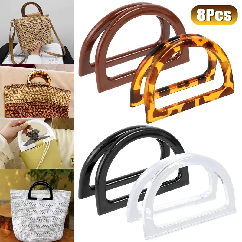 8Pcs Bag Handles Replacement D Shape Purse Handles Decorative Bag Handbag Handles Purse Making Supplies Bag Accessories for DIY Crochet Bags Straw Bag
